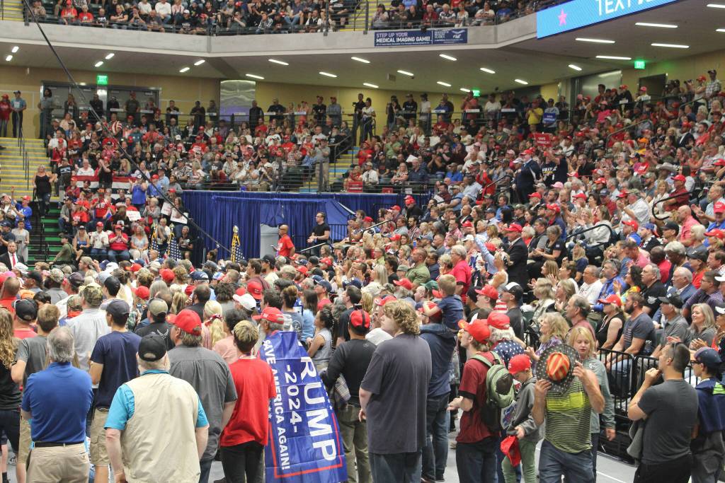 Attendees gather during a Save America rally at the Alaska Airlines Center on Saturday, July 9, 2022, in Anchorage, Alaska. (Ashlyn OHara/Peninsula Clarion)