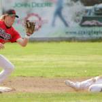 OIlers second baseman Graiden West gets ready to tag out Justin Grech of the Chugiak-Eagle River Chinooks on a steal attempt Sunday, July 10, 2022, at Coral Seymour Memorial Park in Kenai, Alaska. (Photo by Jeff Helminiak/Peninsula Clarion)