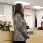 Lisa Gabriel is honored for her 28 years of service to the Kenai Peninsula Borough School District during a Board of Education meeting on Monday, July 11, 2022, in Soldotna, Alaska. (Ashlyn OHara/Peninsula Clarion)