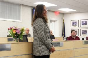 Lisa Gabriel is honored for her 28 years of service to the Kenai Peninsula Borough School District during a Board of Education meeting on Monday, July 11, 2022, in Soldotna, Alaska. (Ashlyn OHara/Peninsula Clarion)