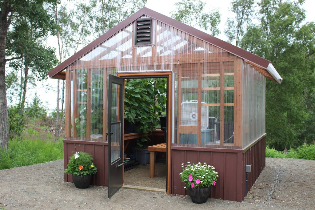 Plants grow inside of a greenhouse dedicated to Bill Osborn on Tuesday, July 12, 2022 in Kenai, Alaska. (Ashlyn OHara/Peninsula Clarion)