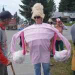 Steve McCasland wears a uterus costume for the "Women's March: Bans Off Our Bodies" protest on Saturday, July 9, 2022, in Homer, Alaska. (Photo by Michael Armstrong/Homer News)
