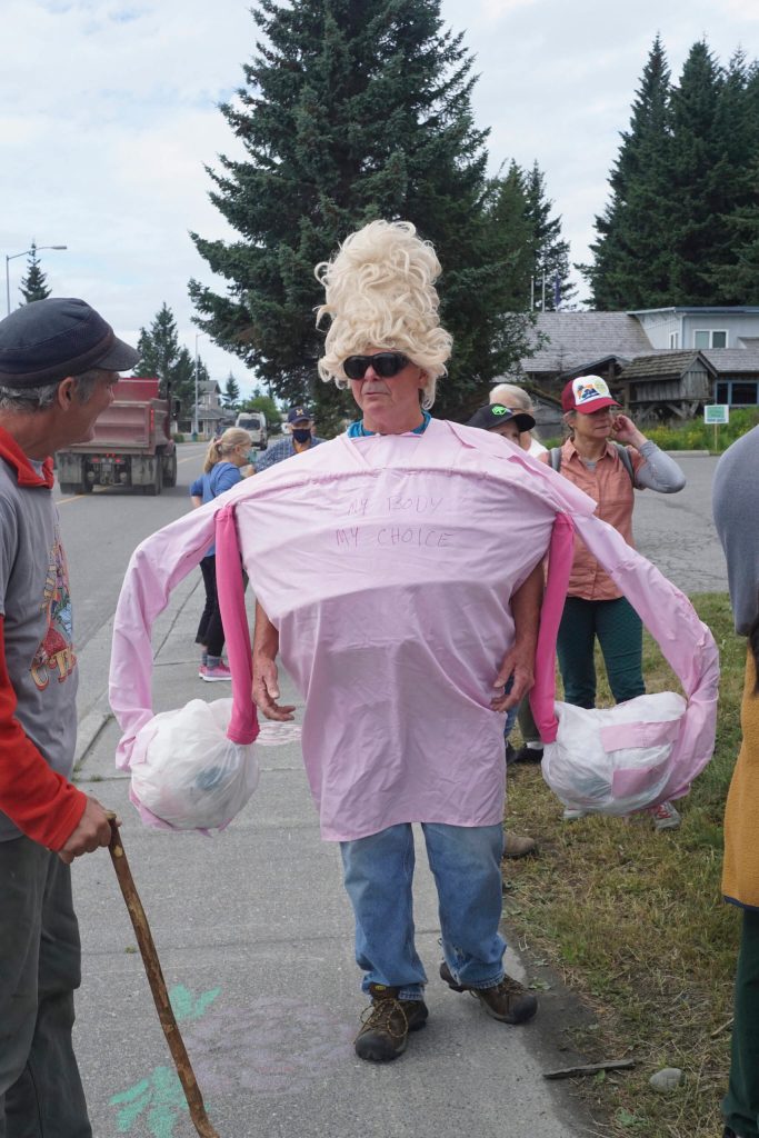 Steve McCasland wears a uterus costume for the "Women's March: Bans Off Our Bodies" protest on Saturday, July 9, 2022, in Homer, Alaska. (Photo by Michael Armstrong/Homer News)