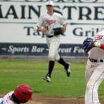 Post 20 Twins' Hunter Williams gets the force at second on East's Alan Contreras but is late throwing to first for the double play Wednesday, July 13, 2022, at Coral Seymour Memorial Park in Kenai, Alaska. (Photo by Jeff Helminiak/Peninsula Clarion)