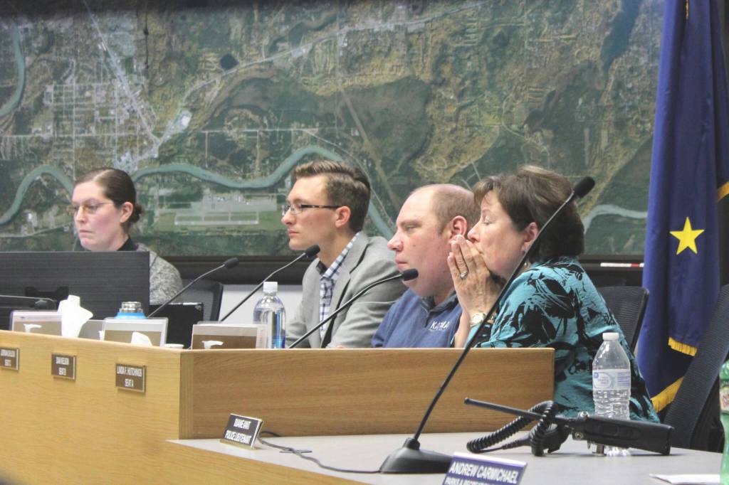 From right, Soldotna City Council members Linda Farnsworth-Hutchings, Dan Nelson and Jordan Chilson listen to testimony during a council meeting on Wednesday, July 13, 2022 in Soldotna, Alaska. (Ashlyn OHara/Peninsula Clarion)