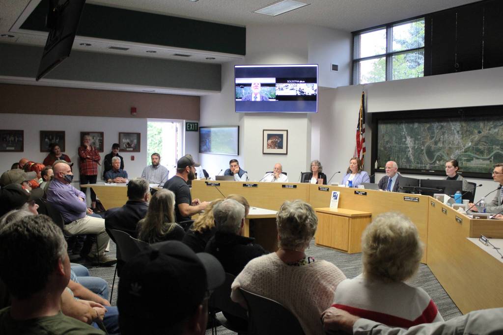 Isaac Kolesar testifies before the Soldotna City Council during a council meeting on Wednesday, July 12, 2022, in Soldotna, Alaska. Many attendees voiced their thoughts on a performance given by a drag queen in Soldotna Creek Park last month. (Ashlyn OHara/Peninsula Clarion)