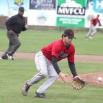 Peninsula Oilers pitcher Conner Kershaw fields a short ground ball against the Mat-Su Miners on Friday, July 15, 2022, at Hermon Brothers Field in Palmer, Alaska. (Photo by Jeremiah Bartz/Frontiersman)