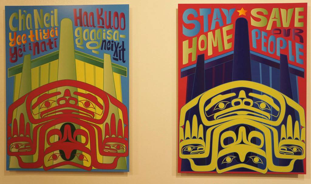Lingit artist Crystal Rose Deminetieff Worl created Haa Shagéinyaa: Our Protecting Power, a series of prints, to support public health during the COVID-19 pandemic. The works are part of of Protection: Adaptation and Resistance, on exhibit at the Pratt Museum & Park in Homer, Alaska, through Sept. 24, 2022. (Photo by Michael Armstrong/Homer News)