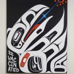 Crystal Rose Demeinetieff Worls digital illustrations on aluminum, Haa Shagéinyaa: Our Protecting Power, are in the Protection: Adaptation and Resistance show at the Pratt Museum & Park in Homer, Alaska. The show continues through Sept. 24, 2022. (Photo by Michael Armstrong/Homer News)