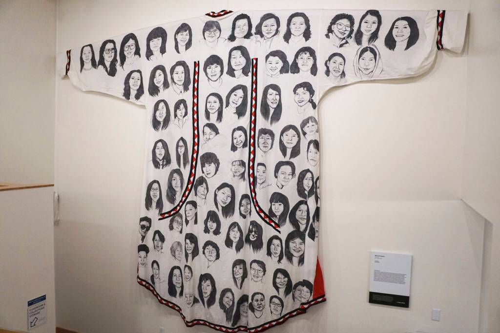 Amber Webbs Memorial Qaspeq is in the Protection: Adaptation and Resistance show at the Pratt Museum & Park in Homer, Alaska. The wall-sized qaspeq contains images of Alaska Missing and Murdered Indigenous Women. The show continues through Sept. 24, 2022. (Photo by Michael Armstrong/Homer News)