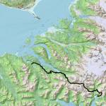 The black line shows the Tutka Backdoor trail from Tutka Bay to Taylor Bay, Alaska. (Map by Bret Higman/Ground Truth Alaska)