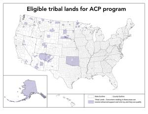 A map shows locations in the U.S. designated as tribal lands and thus eligible for higher benefits from the Affordable Connectivity Program. All of Alaska falls under that designation. (Courtesy Image / FCC)
