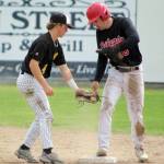 Trey Becker of the Peninsula Oilers steals second in front of the tag of Anchorage Bucs shortstop Cody Grebeck on Sunday, July 24, 2022, at Coral Seymour Memorial Park in Kenai, Alaska. (Photo by Jeff Helminiak/Peninsula Clarion)