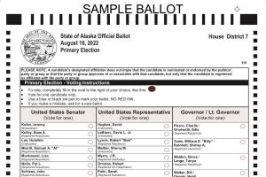 A sample ballot for the Aug. 16, 2022, Alaska regular primary election for House District 7. (Courtesy Alaska Division of Elections)