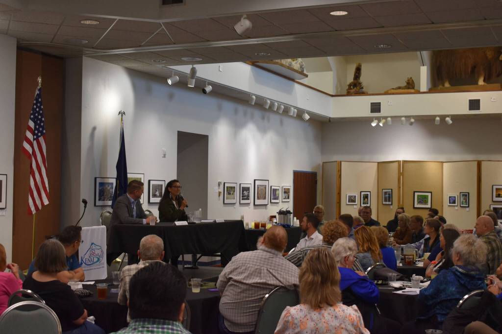 Nick Begich and Mary Peltola answer questions at a candidate forum at the Kenai Visitor Center on Aug. 3, 2022 in Kenai, Alaska. (Peninsula Clarion/Jake Dye)