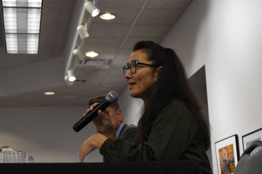 Mary Peltola responds to a question during a forum at the Kenai Visitor Center on Aug. 3, 2022 in Kenai, Alaska. (Peninsula Clarion/Jake Dye)