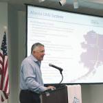 Ashlyn OHara / Peninsula Clarion file 
Alaska LNG Project Manager Brad Chastain presents information about the project during a luncheon at the Kenai Chamber Commerce and Visitor Center on July 6.