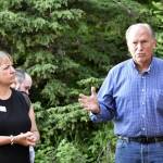 Former Gov. Bill Walker, right, and his running mate former commissioner of the Department of Labor and Workforce Development Heidi Drygas, speak to Juneauites gathered for a fundraiser at a private home in Juneau on Tuesday, June 7, 2022. (Peter Segall / Juneau Empire File)