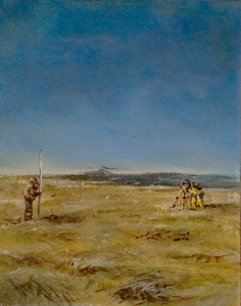 Kate Lochridge's painting shows surveyors with JOA Surveys LLC of Alaska doing field work. (Photo by MIchael Armstrong/Homer News)