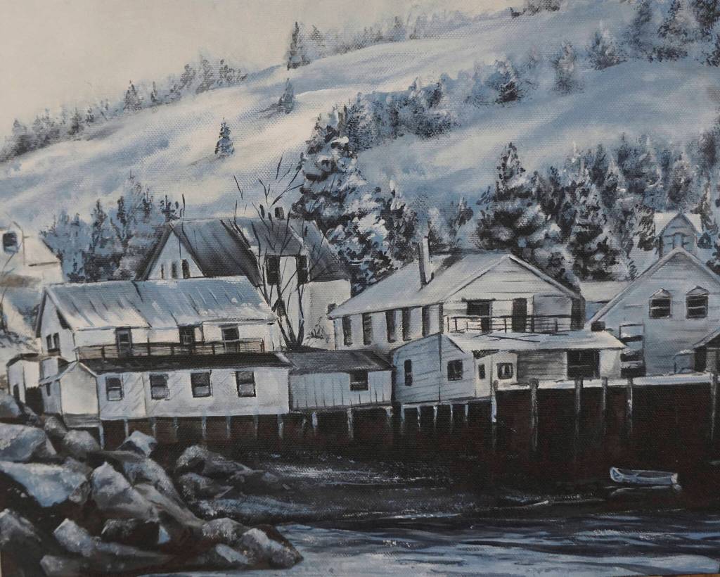 Kate Lochridges historical painting of Seldovia, Alaska, shows the old boardwalk before it got flooded by high tides after the 1964 Great Alaska Earthquake. Another painting shows the town after the high tide. (Photo by MIchael Armstrong/Homer News)
