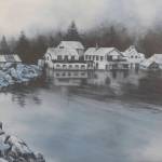 Kate Lochridges historical painting of Seldovia, Alaska, shows the old boardwalk after it got flooded by high tides after the 1964 Great Alaska Earthquake. Another painting shows the town before the high tide. (Photo by MIchael Armstrong/Homer News)
