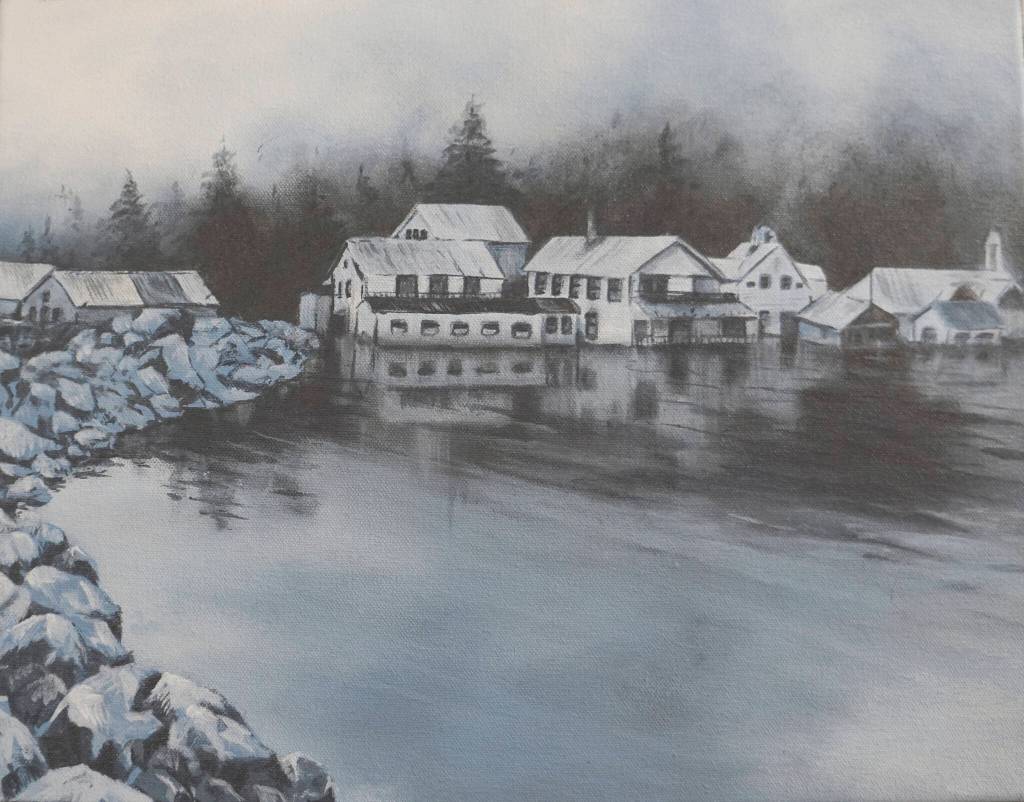 Kate Lochridges historical painting of Seldovia, Alaska, shows the old boardwalk after it got flooded by high tides after the 1964 Great Alaska Earthquake. Another painting shows the town before the high tide. (Photo by MIchael Armstrong/Homer News)