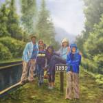 Kate Lochridges painting shows people standing by the year 1899 marker on the road to Exit Glacier near Seward, Alaska. (Photo by Michael Armstrong/Homer News)