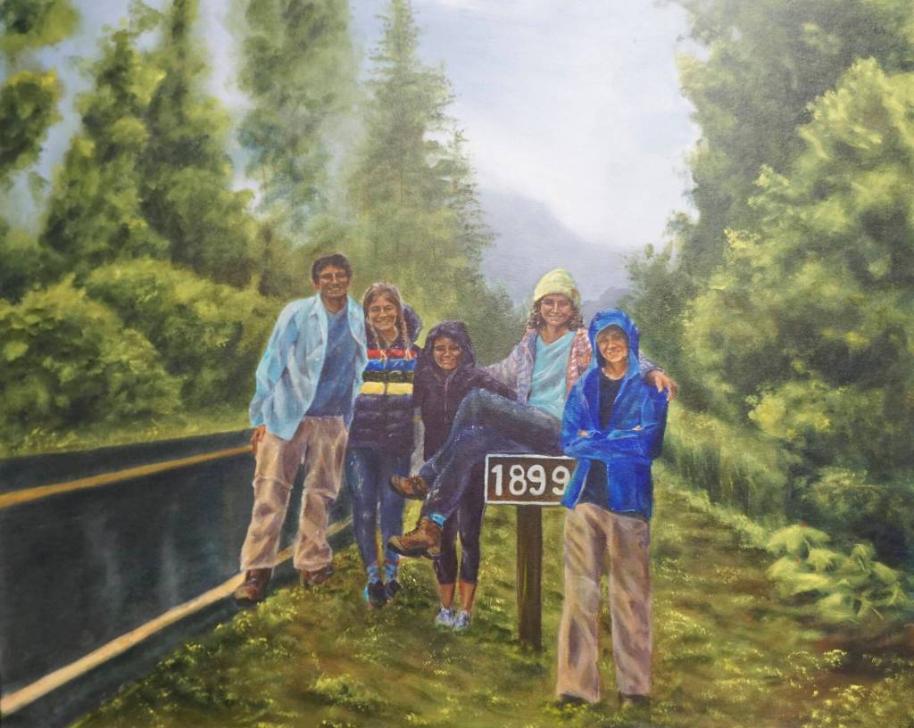 Kate Lochridges painting shows people standing by the year 1899 marker on the road to Exit Glacier near Seward, Alaska. (Photo by Michael Armstrong/Homer News)