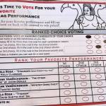 This July 28, 2022, photo shows a ballot for a mock election where people ranked the performances by drag performers at Cafecito Bonito in Anchorage in Anchorage, Alaska. Several organizations are using different methods to teach Alaskans about ranked choice voting, which will be used for the first time in a statewide race in the upcoming special U.S. House election. (AP Photo/Mark Thiessen)
