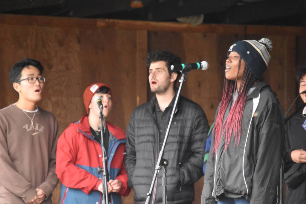 Rachel Ababio delivers a solo during a performance of the Whiffenpoofs at the Kenai Peninsula Fair on Aug. 12, 2022, in Ninilchik, Alaska. (Jake Dye/Peninsula Clarion)