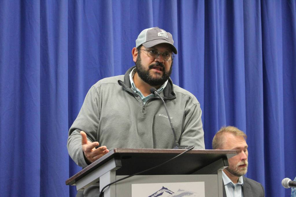 Chris Macaluso, with the Theodore Roosevelt Conservation Partnership, speaks at the Kenai Classic Roundtable at Kenai Peninsula College on Wednesday, Aug. 17, 2022 near Soldotna, Alaska. (Ashlyn O’Hara/Peninsula Clarion)