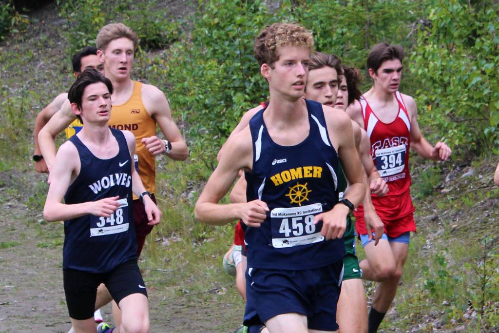 Homer High Schools Seamus McDonough runs in the 2022 Ted McKenney XC Running Invitational at Skyview Middle School on Saturday, Aug. 20, 2022 in Soldotna, Alaska. (Ashlyn OHara/Peninsula Clarion)