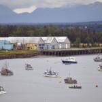 Jake Dye / Peninsula Clarion
Boats are anchored near the mouth of the Kenai River on Monday.