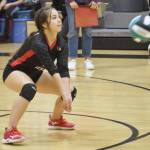 Kenai Centrals Jaycie Castillo digs up a ball Saturday, Aug. 27, 2022, at the Shayna Pritchard Memorial Volleyball Tournament at Nikiski High School in Nikiski, Alaska. (Photo by Jeff Helminiak/Peninsula Clarion)