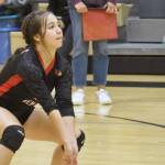 Kenai Central's Jaycie Castillo digs up a ball Saturday, Aug. 27, 2022, at the Shayna Pritchard Memorial Volleyball Tournament at Nikiski High School in Nikiski, Alaska. (Photo by Jeff Helminiak/Peninsula Clarion)