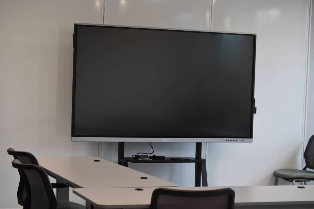 A classroom at the Kahtnuhtana Duhdeldiht Campus is set up with a smart screen on Thursday, Sept. 1, 2022, in Kenai, Alaska. (Jake Dye/Peninsula Clarion)