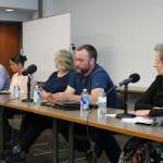 From left, Kenai city mayoral candidates Brian Gabriel and Teea Winger, as well as council candidates Victoria Askin, Alex Douthit and Glenese Pettey participate in a candidate forum at the Soldotna Public Library on Monday, Aug. 29, 2022 in Soldotna, Alaska. The Peninsula Clarion and KDLL 91.9 FM, in partnership with the Central Kenai Peninsula League of Women Voters are hosting a series of election forums Mondays from 6-7 p.m. through Oct. 31 at the Soldotna library. (Ashlyn OHara/Peninsula Clarion)