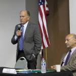 Alaska gubernatorial candidates Bill Walker, left, and Les Gara participate in a candidate forum hosted by the Kenai and Soldotna chambers of commerce at the Kenai Chamber of Commerce and Visitor Center on Wednesday, Sept. 7, 2022, in Kenai, Alaska. (Ashlyn OHara/Peninsula Clarion)
