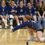 Soldotnas Sadie Lane digs up a ball against Nikiski on Thursday, Sept. 8, 2022, at Soldotna High School in Soldotna, Alaska. (Photo by Jake Dye/Peninsula Clarion)