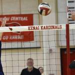Homers Goldie Hill attempts to block the spike of Kenai Centrals Grace Beiser on Friday, Sept. 9, 2022, at Kenai Central High School in Kenai, Alaska. (Photo by Jeff Helminiak/Peninsula Clarion)