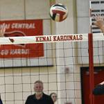 Homer's Goldie Hill attempts to block the spike of Kenai Central's Grace Beiser on Friday, Sept. 9, 2022, at Kenai Central High School in Kenai, Alaska. (Photo by Jeff Helminiak/Peninsula Clarion)