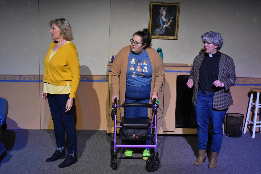 Terri Zopf-Schoessler, Nikki Stein and Lacey Jane Brewster act in a rehearsal for Menopause Made Me Do It on Tuesday, Sept. 13, 2022 in Soldotna, Alaska. (Jake Dye/Peninsula Clarion)