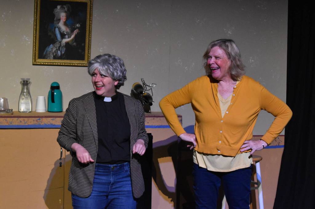 Lacey Jane Brewster and Terri Zopf-Schoessler act during a rehearsal of Menopause Made Me Do It on Tuesday, Sept. 13, 2022, in Soldotna, Alaska. (Jake Dye/Peninsula Clarion)