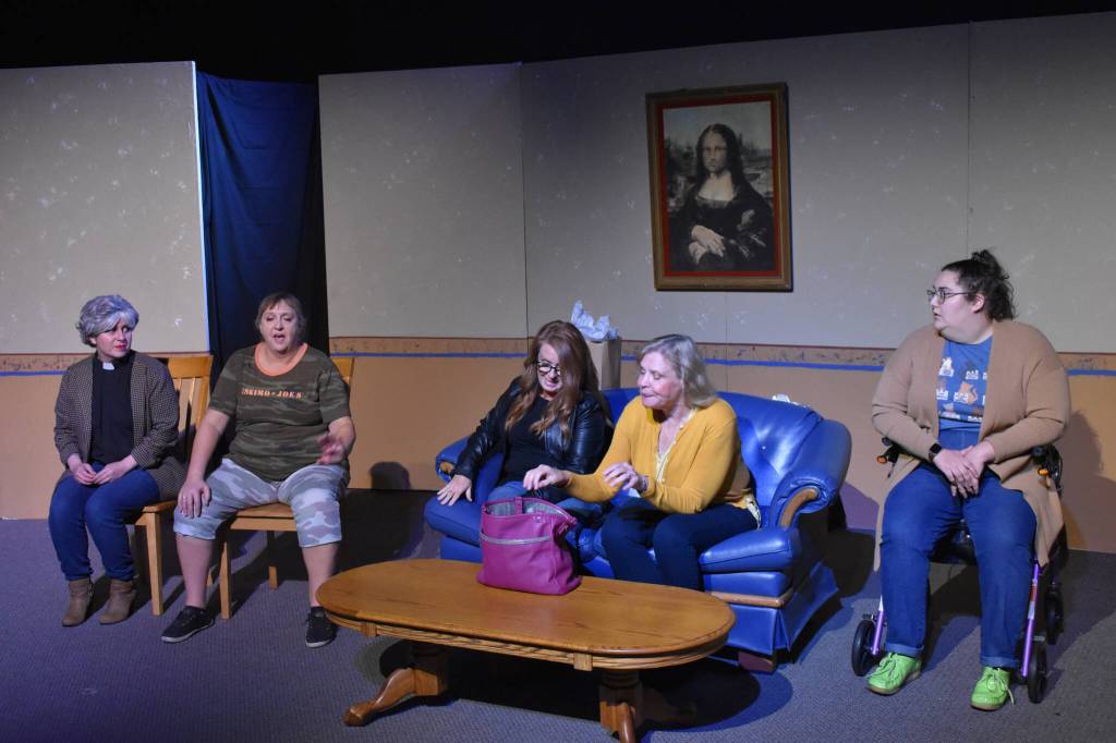 Lacey Jane Brewster, Donna Shirnberg, Tracie Sanborn,Terri Zopf-Schoessler and Nikki Stein act during a rehearsal of Menopause Made Me Do It on Tuesday, Sept. 13, 2022, in Soldotna, Alaska. (Jake Dye/Peninsula Clarion)