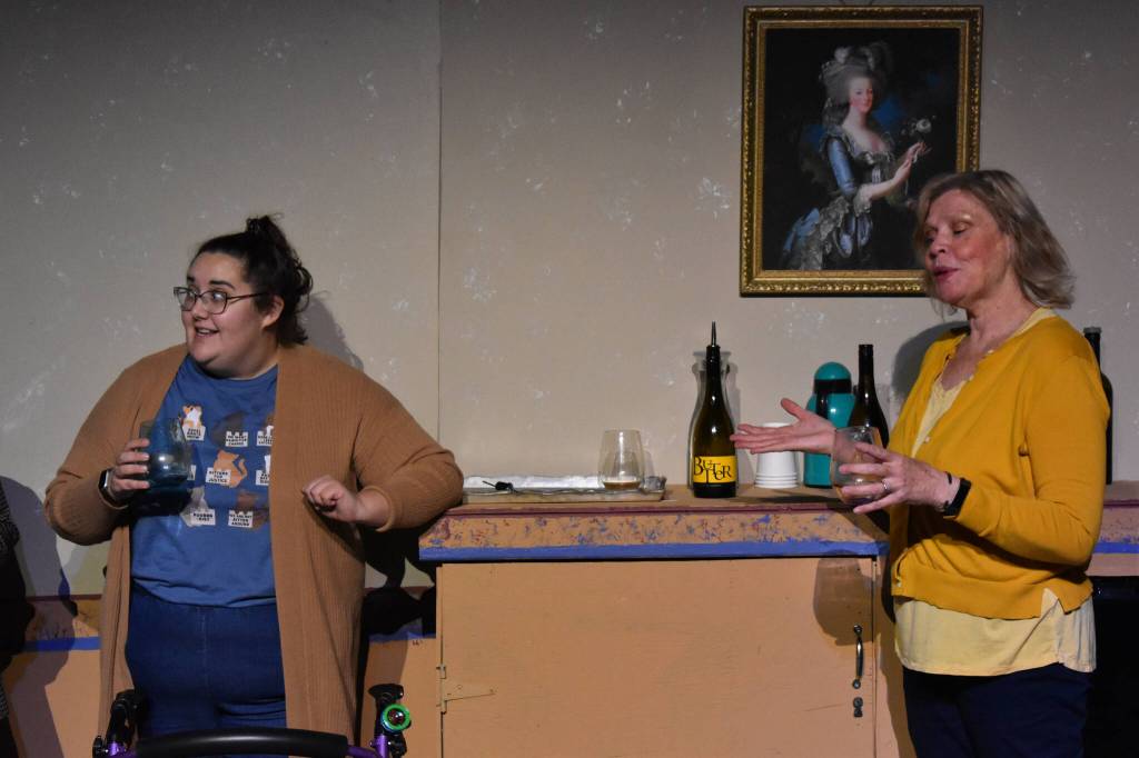 Nikki Stein and Terri Zopf-Schoessler act during a rehearsal of Menopause Made Me Do It on Tuesday, Sept. 13, 2022, in Soldotna, Alaska. (Jake Dye/Peninsula Clarion)