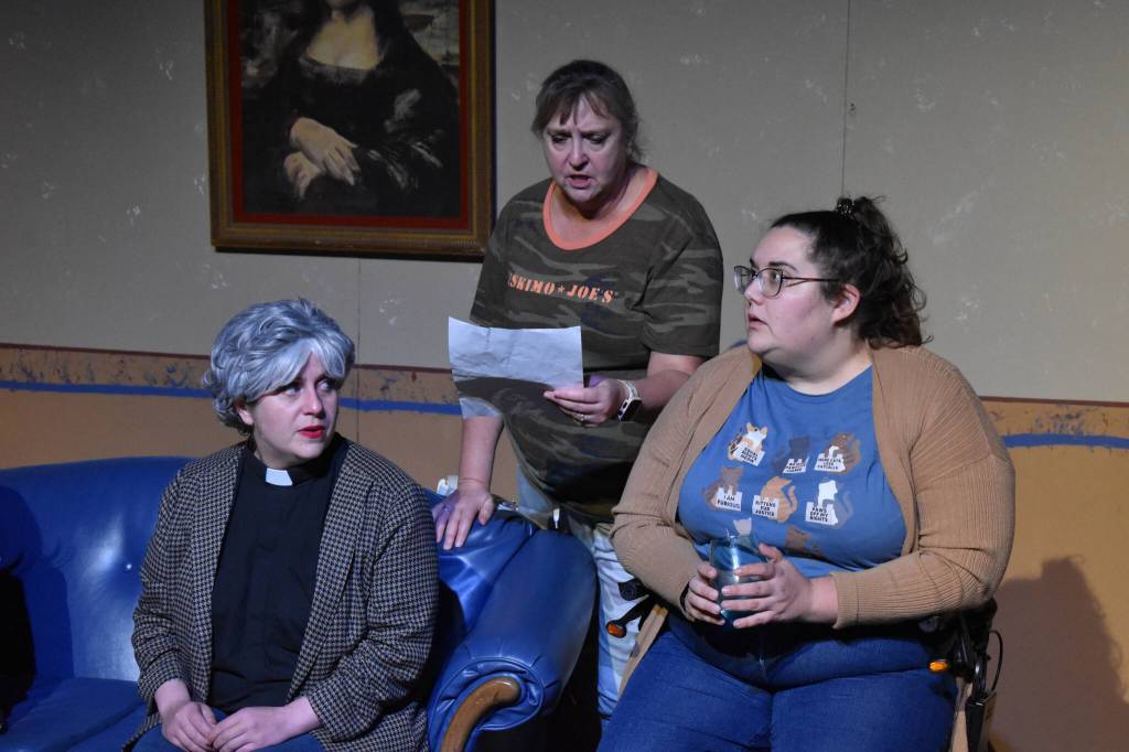 Lacey Jane Brewster, Donna Shirnberg and Nikki Stein act during a rehearsal of Menopause Made Me Do It on Tuesday, Sept. 13, 2022, in Soldotna, Alaska. (Jake Dye/Peninsula Clarion)