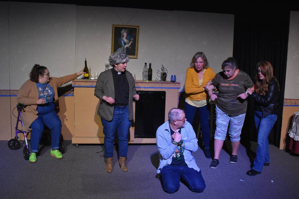 Nikki Stein, Lacey Jane Brewster, Terri Zopf-Schoessler, Donna Shirnberg, Tracie Sanborn and Bill Taylor act during a rehearsal of Menopause Made Me Do It on Tuesday, Sept. 13, 2022, in Soldotna, Alaska. (Jake Dye/Peninsula Clarion)