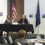 Alaska lieutenant governor candidates Jessica Cook (left) and Edie Grunwald (right) participate in a forum at the Kenai Chamber of Commberce and Visitor Center on Wednesday, Sept. 14, 2022 in Kenai, Alaska. (Ashlyn O'Hara/Peninsula Clarion)