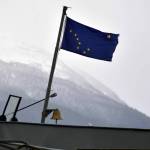 This February 2020 file photo shows the Alaska state flag on the bow of the Matanuska at the Auke Bay Ferry Terminal. (Peter Segall / Juneau Empire file)