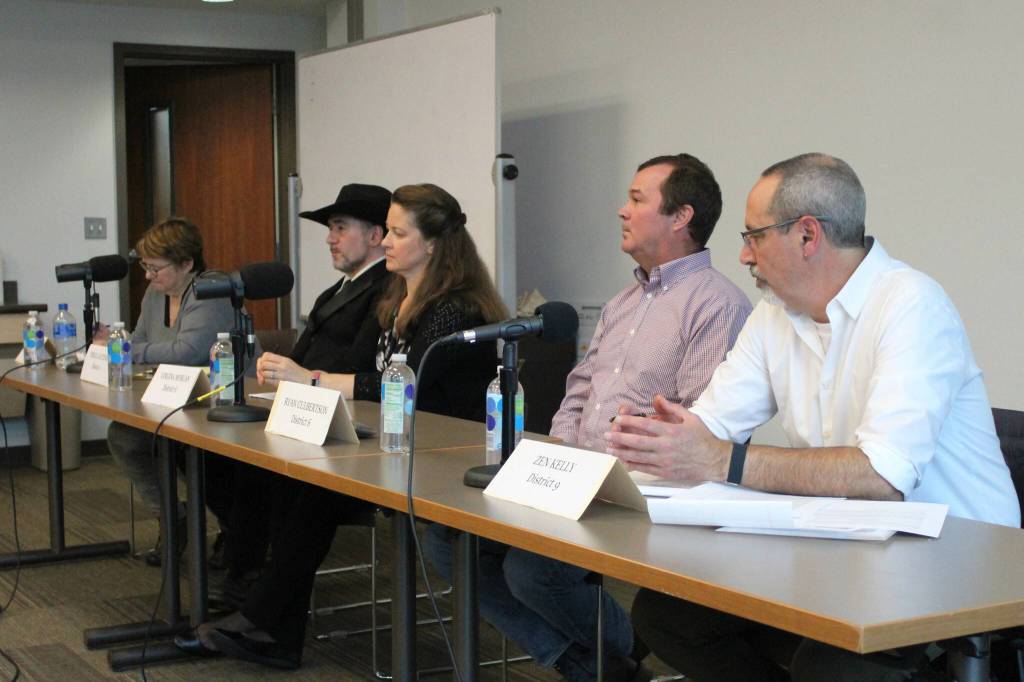 From left: Kenai Peninsula Borough School District Board of Education candidates Patti Truesdell, Virgil Gattenby, Virginia Morgan, Ryan Culbertson and Zen Kelly participate in a candidate forum at the Soldotna Public Library on Monday, Sept. 20, 2022 in Soldotna, Alaska. (Ashlyn OHara/Peninsula Clarion)